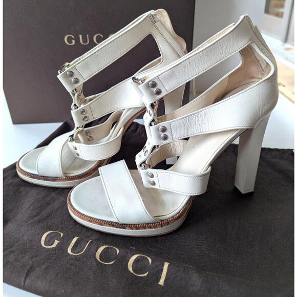 Gucci Heels Lyon Mystic White Leather Strap Sandal Gladiator size 38.5 Bag&Box - Picture 2 of 9